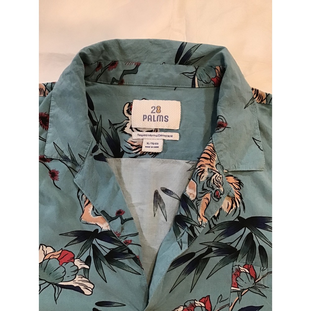 28 Palms Mens Hawaiian Shirt XL Teal Tiger Bamboo Lotus Print Crop Button Down - Picture 2 of 4